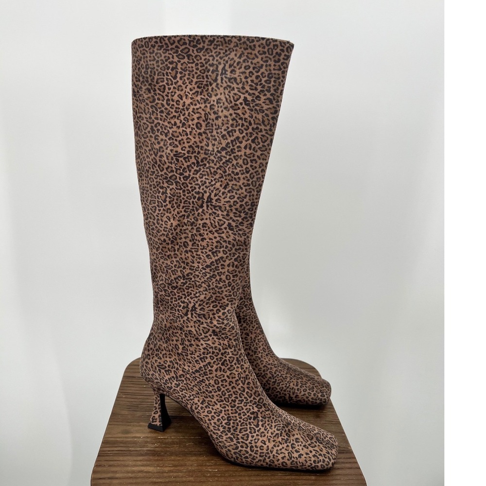 Jeffrey Campbell Checkmate2 Cheetah Leopard Print Knee High Boots Tan 7.5 NWT